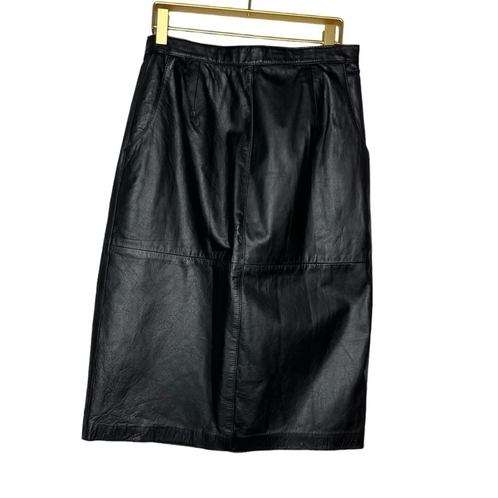 1960s Vintage Sliverleaf 100% Leather Midi Pencil Skirt Vtg size 14- 27 in waist